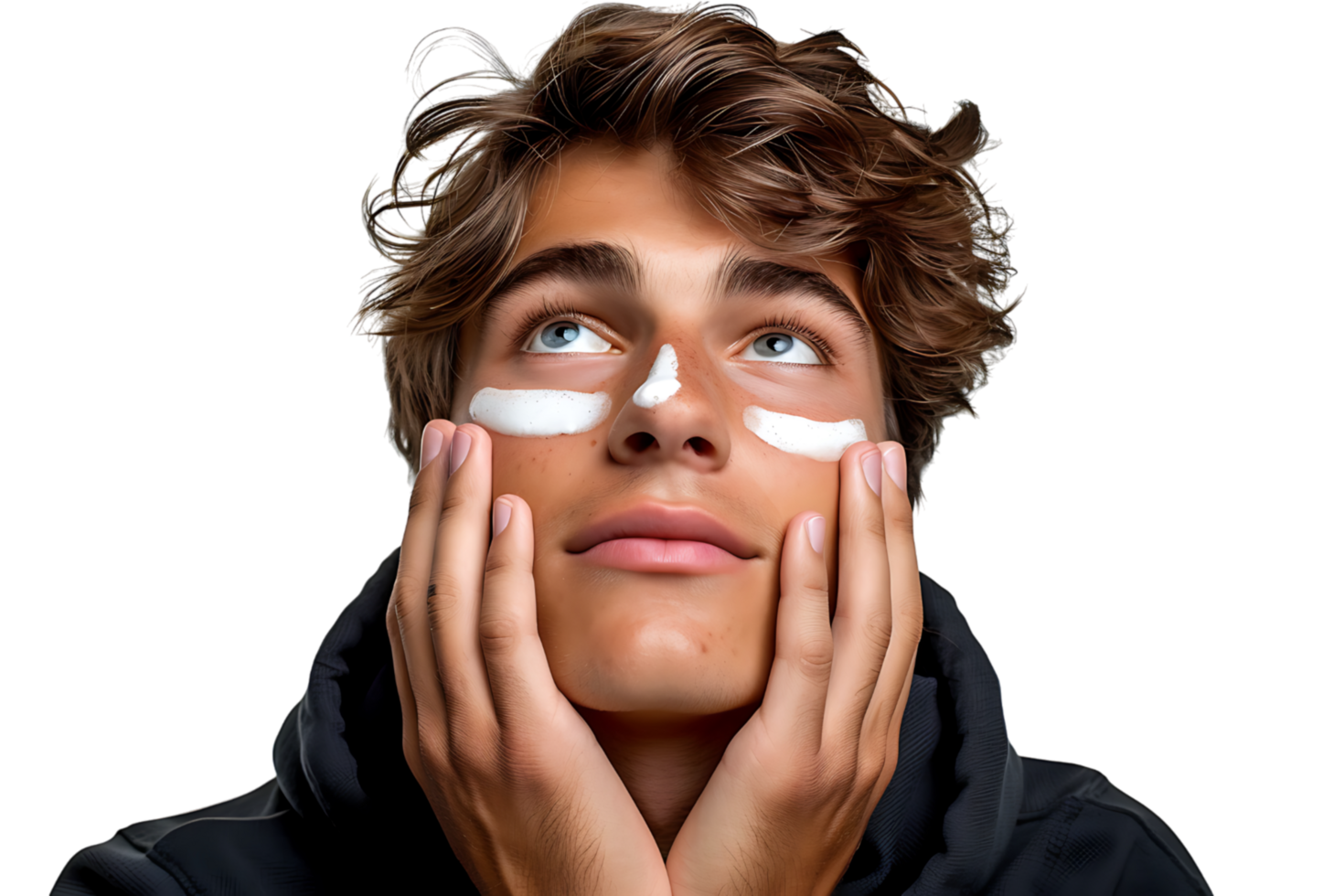 Young handsome man with moisturizer on his face on isolated transparent background png