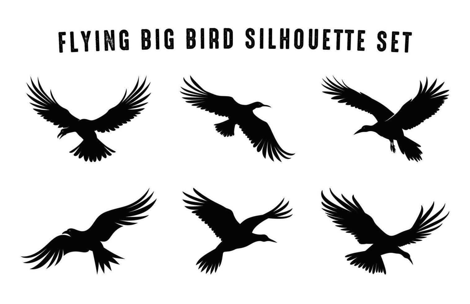 Flying Big Bird Silhouette black Clip art Set, Flying Birds Silhouettes bundle vector