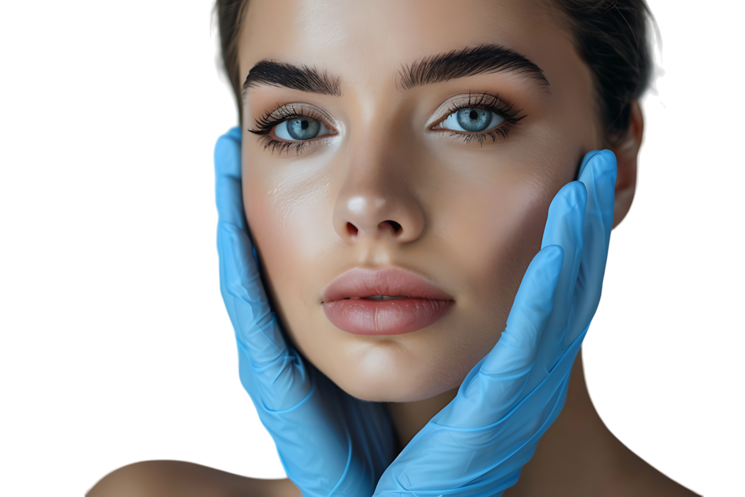 Young woman ready for rhinoplasty, doctor in blue gloves touching her face on isolated transparent background png