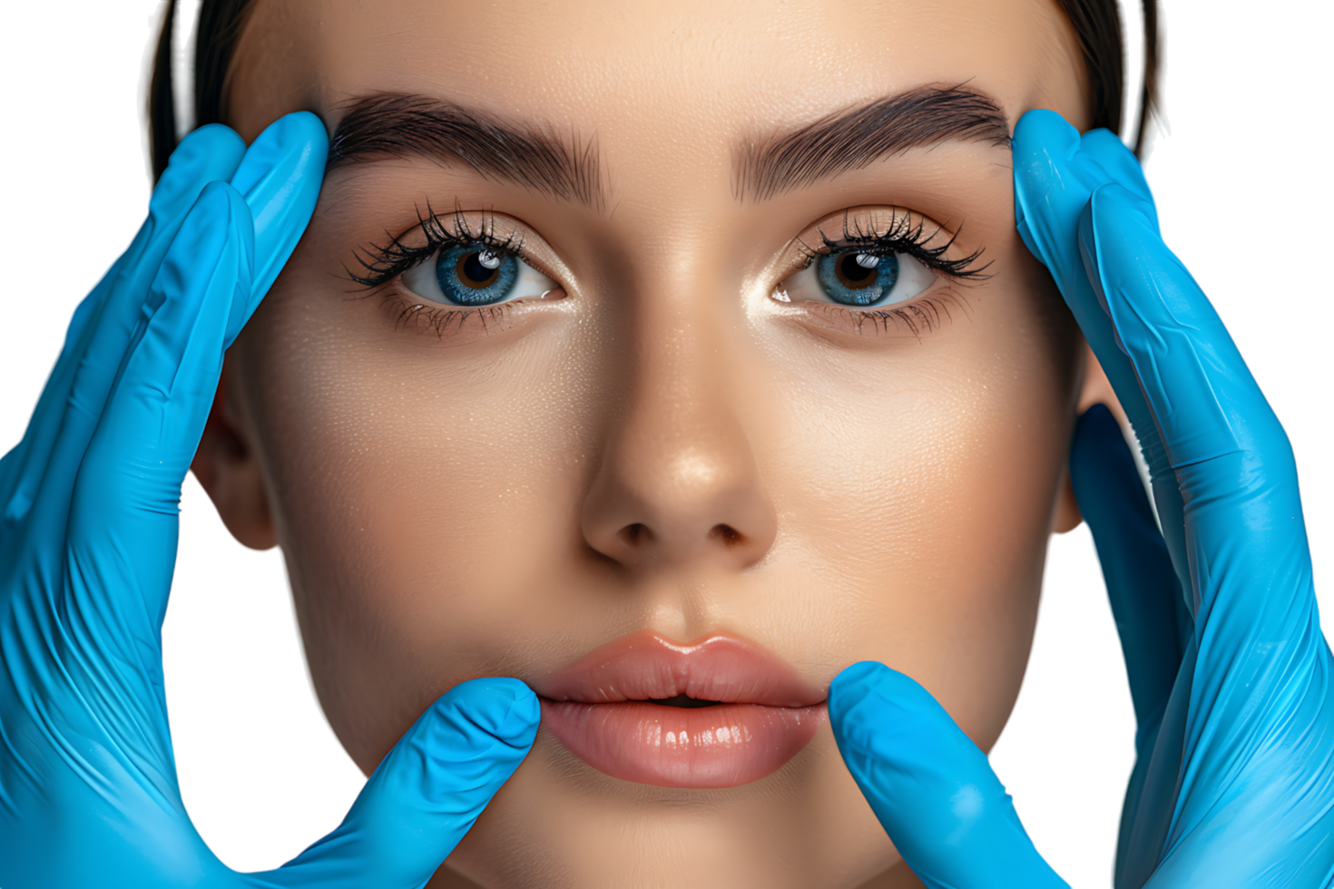 Young woman ready for rhinoplasty, doctor in blue gloves touching her face on isolated transparent background png