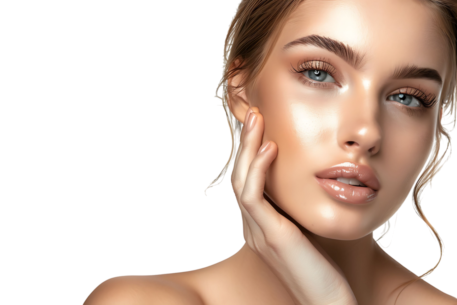Beauty woman with hand near face, Skin care treatment or cosmetic ads. Beautiful female model on isolated transparent background png
