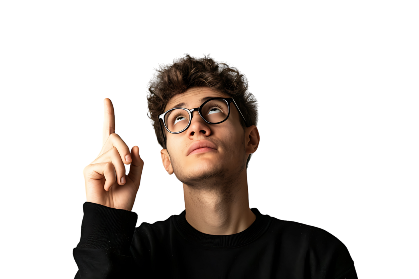 European man in total black wearing eyeglasses, pointing upwards with finger on isolated transparent background png