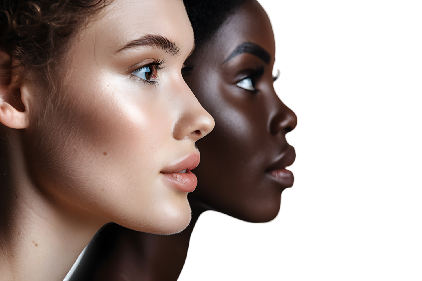 Diversity concept. Banner of half face woman, african and caucasian females on isolated transparent background png