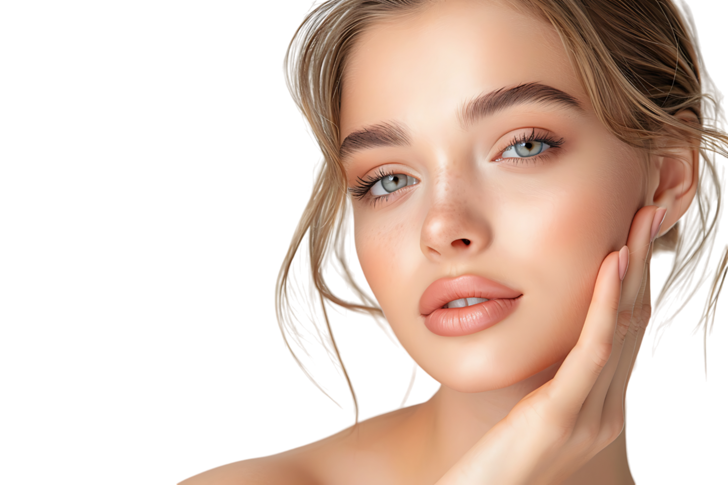 Beauty woman with hand near face, Skin care treatment or cosmetic ads. Beautiful female model on isolated transparent background png
