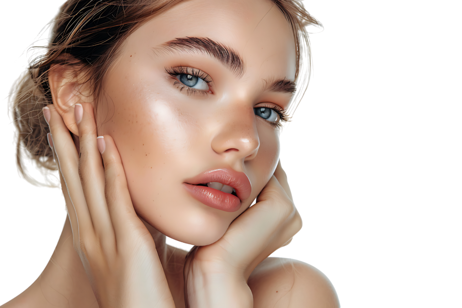 Beauty woman with hand near face, Skin care treatment or cosmetic ads. Beautiful female model on isolated transparent background png
