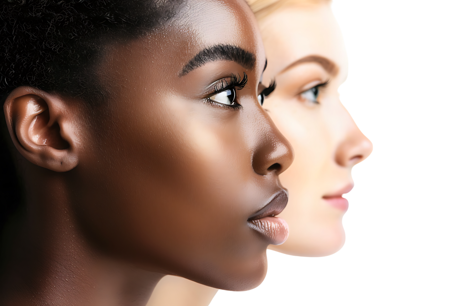 Diversity concept. Banner of half face woman, african and caucasian females on isolated transparent background png