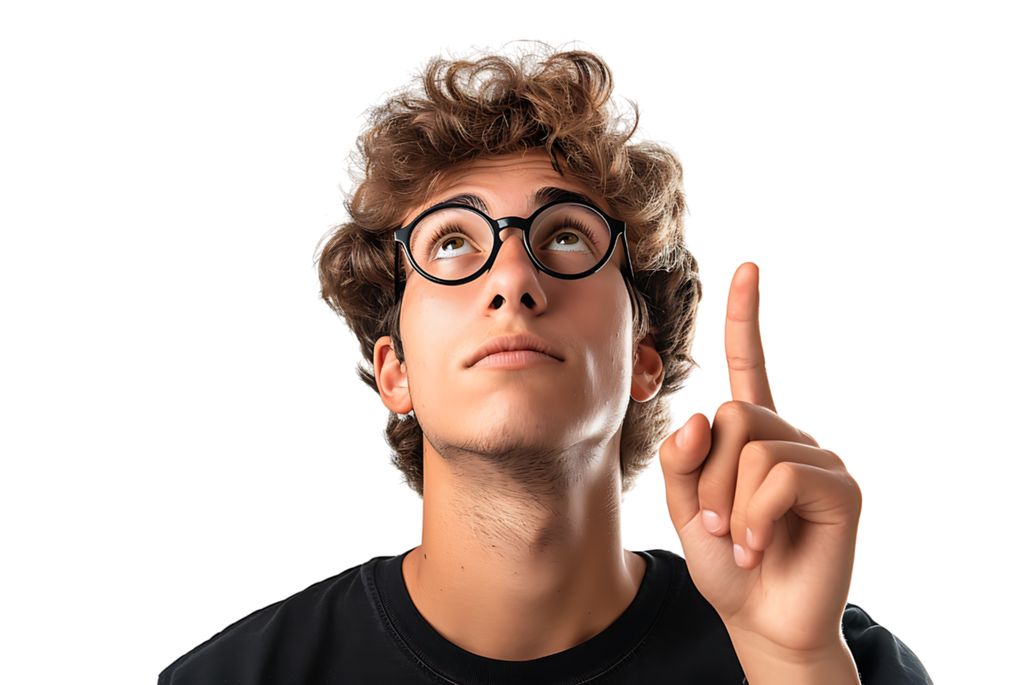 European man in total black wearing eyeglasses, pointing upwards with finger on isolated transparent background png