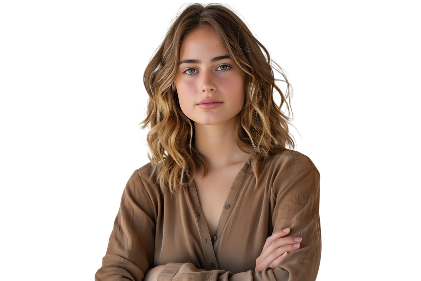 Portrait of young European woman standing with crossed arms on isolated transparent background png