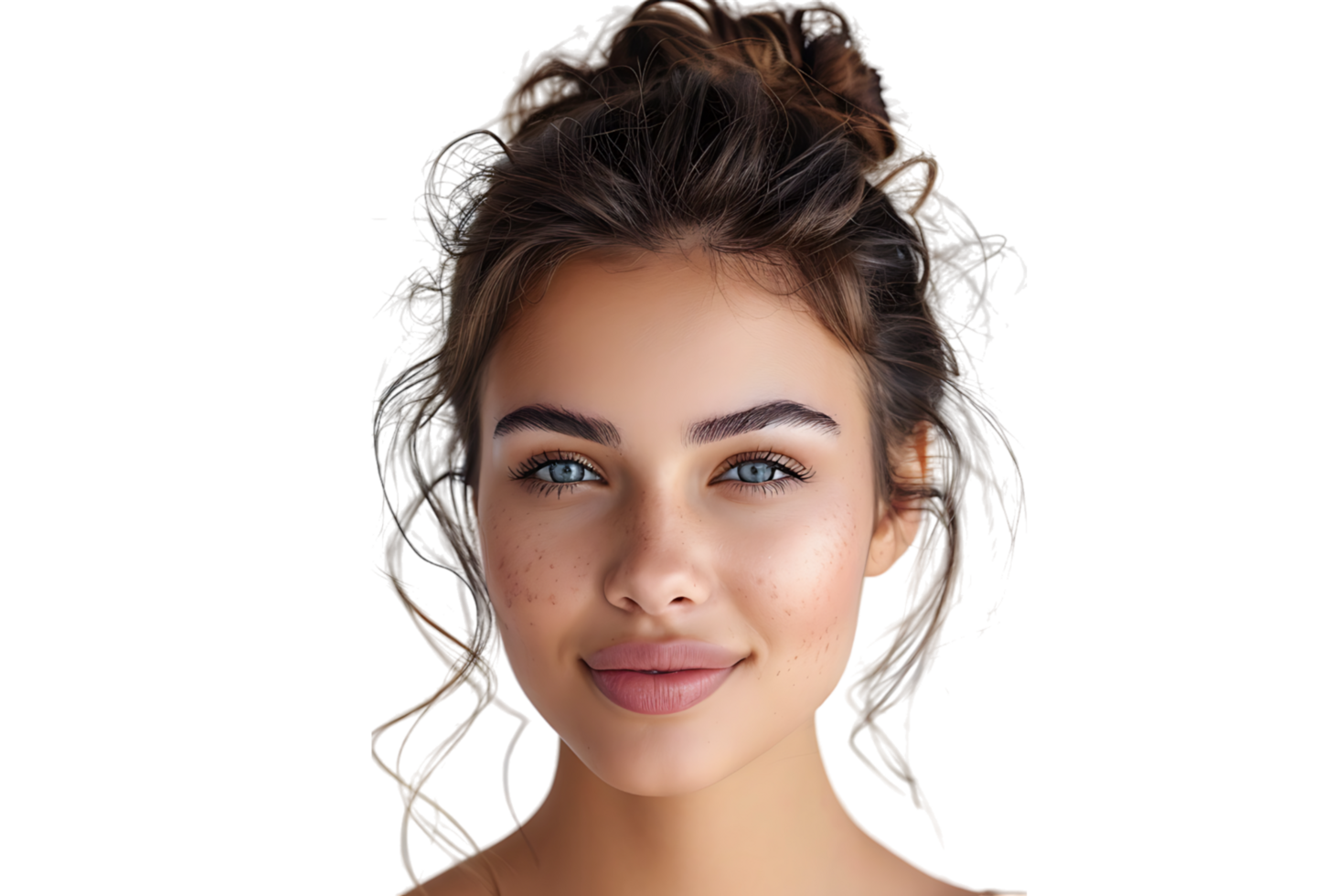 Half portrait of young beautiful girl with brown eyes, glowing face skin and lips on isolated transparent background png