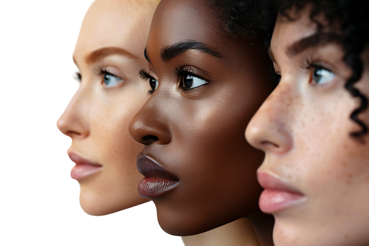 Diversity concept. Banner of half face woman, african and caucasian females on isolated transparent background png