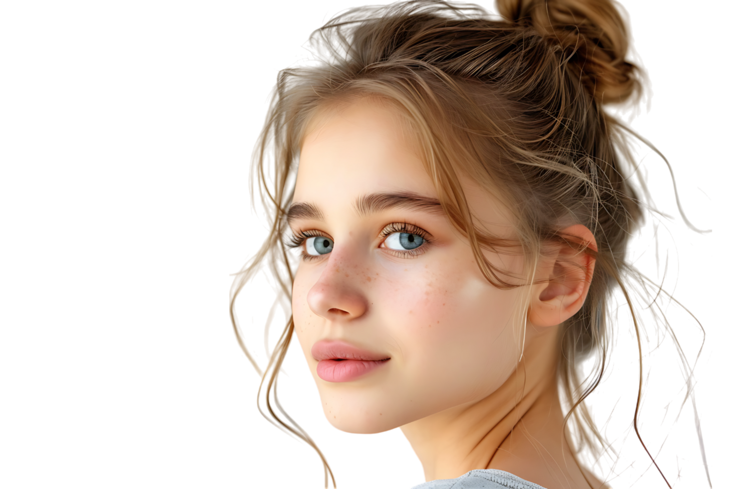Half portrait of young beautiful girl with brown eyes, glowing face skin and lips on isolated transparent background png