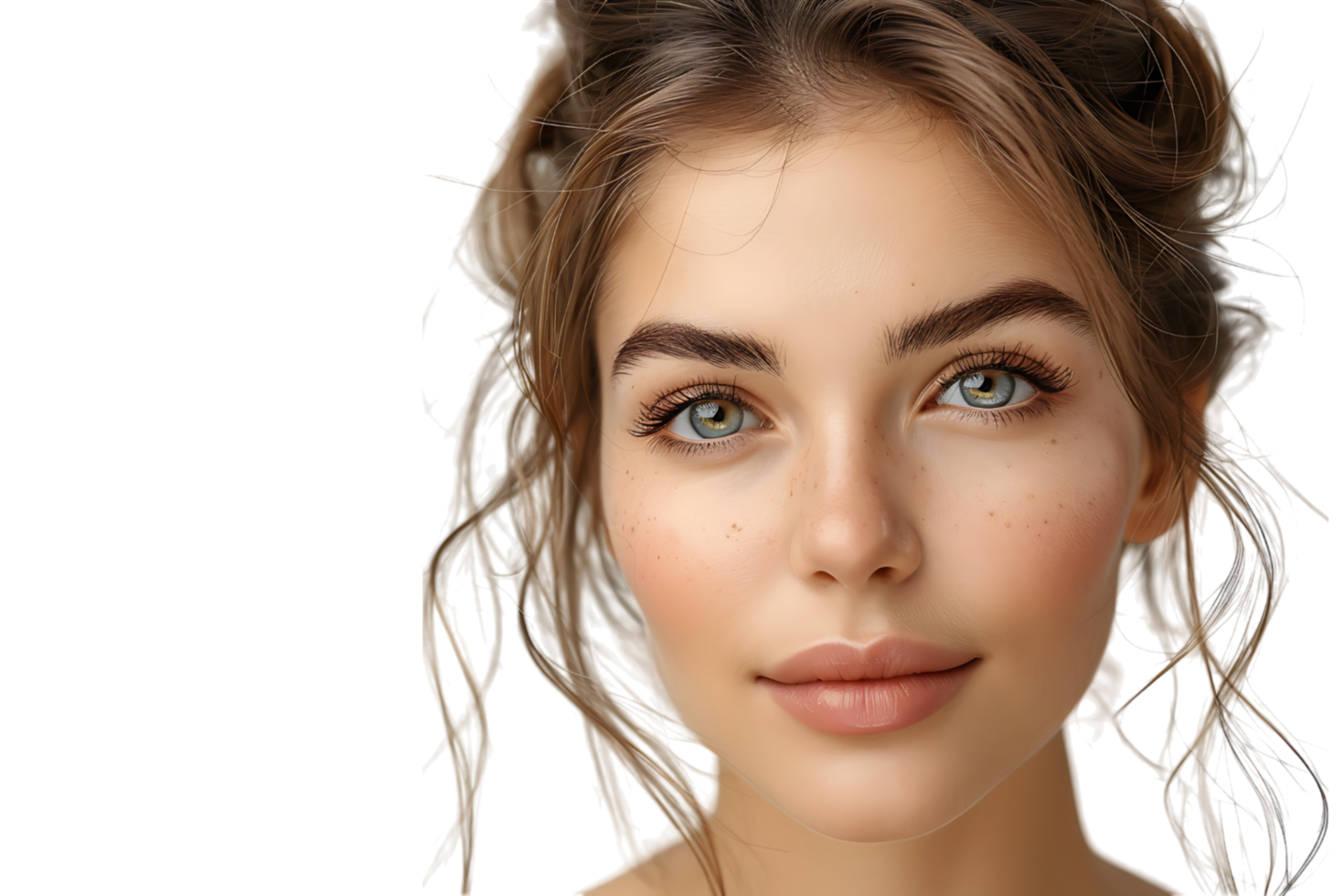 Half portrait of young beautiful girl with brown eyes, glowing face skin and lips on isolated transparent background png