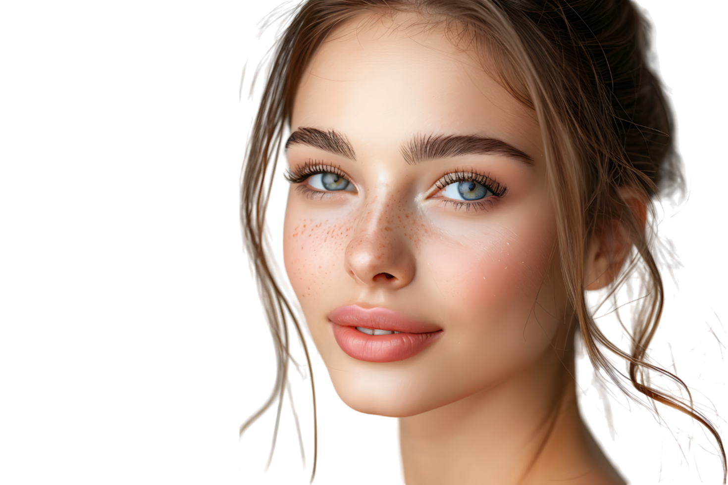 metà ritratto di giovane bellissimo ragazza con Marrone occhi, raggiante viso pelle e labbra su isolato trasparente sfondo png