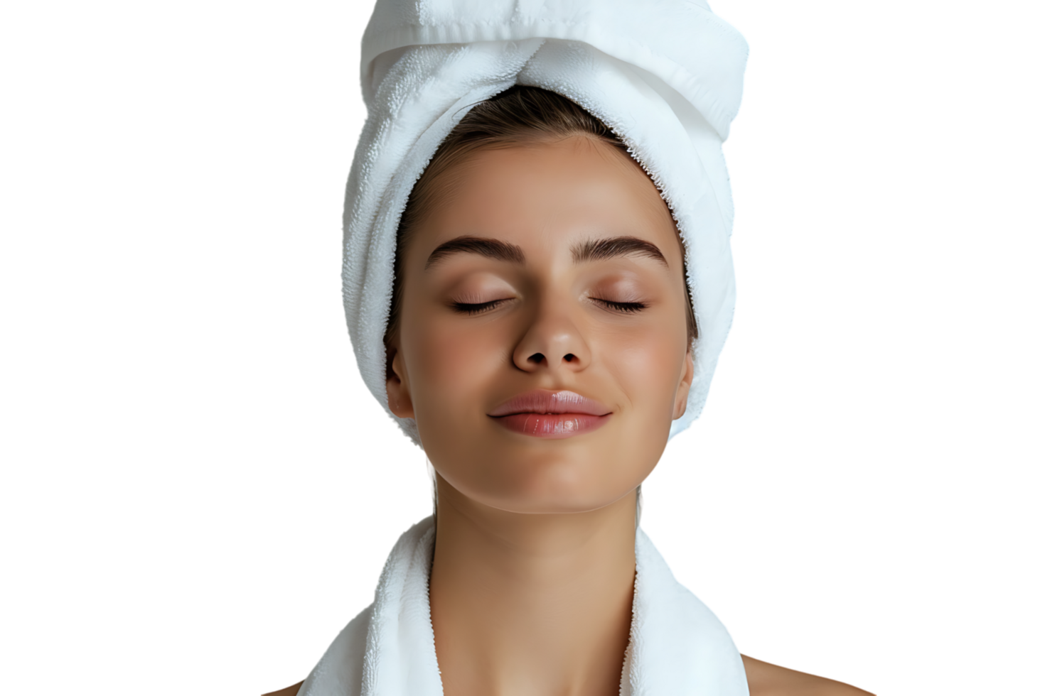 Woman in white bathrobe and towel on head standing on isolated transparent background png