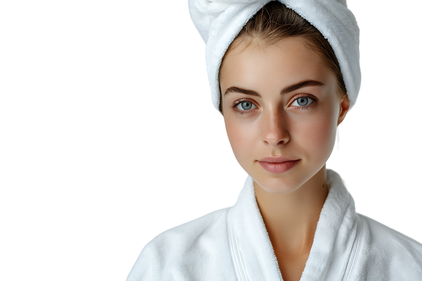 Woman in white bathrobe and towel on head standing on isolated transparent background png
