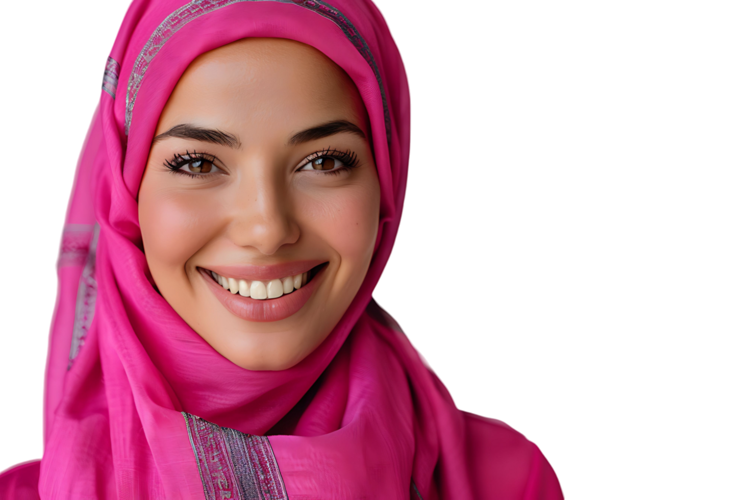 Happy Muslim woman in pink hijab, cheerfully smiles at camera, posing on isolated transparent background png
