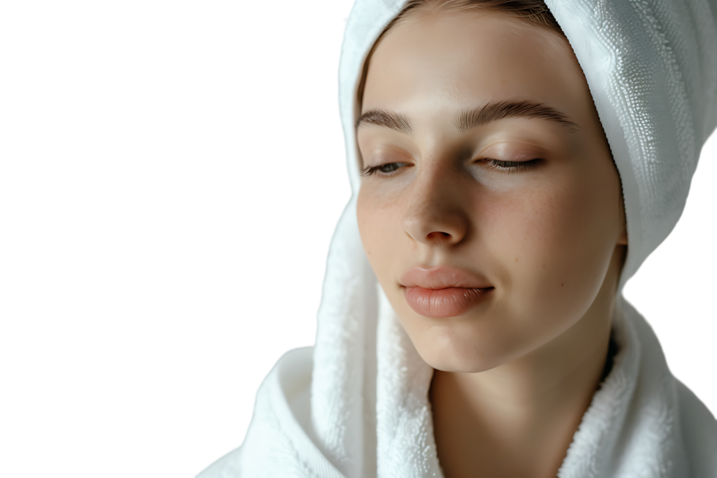 Woman in white bathrobe and towel on head standing on isolated transparent background png