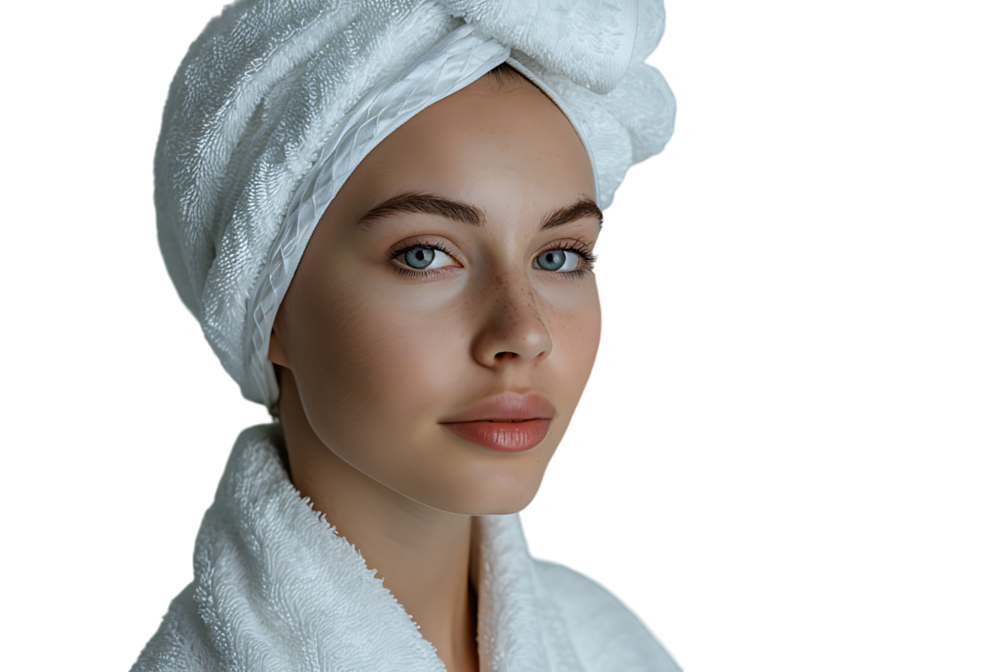 Woman in white bathrobe and towel on head standing on isolated transparent background png