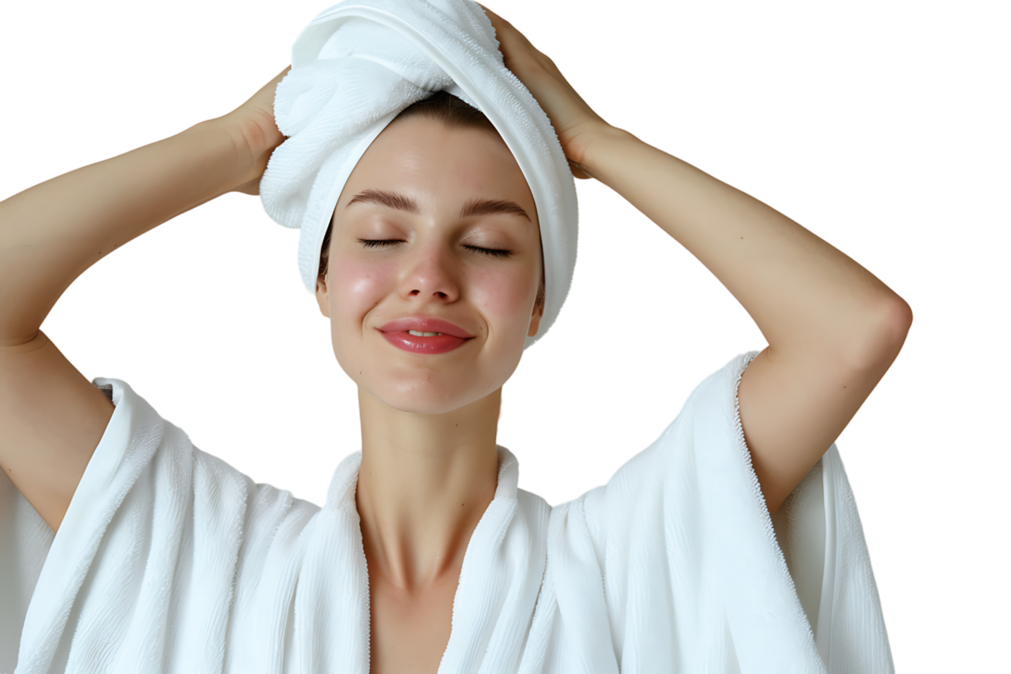 Woman in white bathrobe and towel on head standing on isolated transparent background png