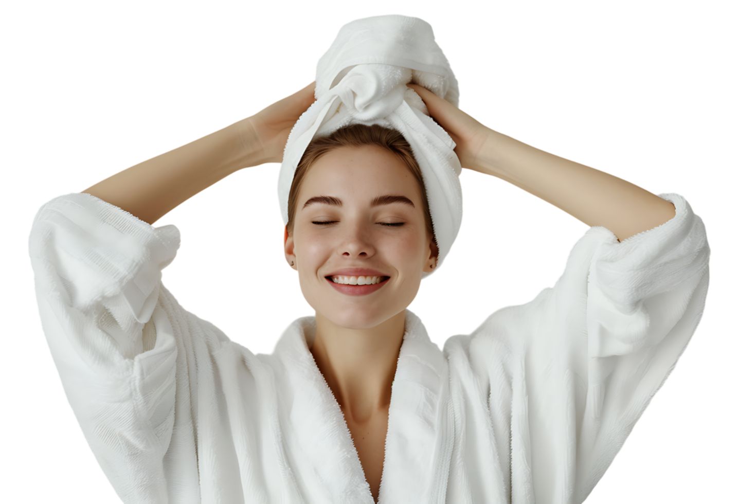 Woman in white bathrobe and towel on head standing on isolated transparent background png
