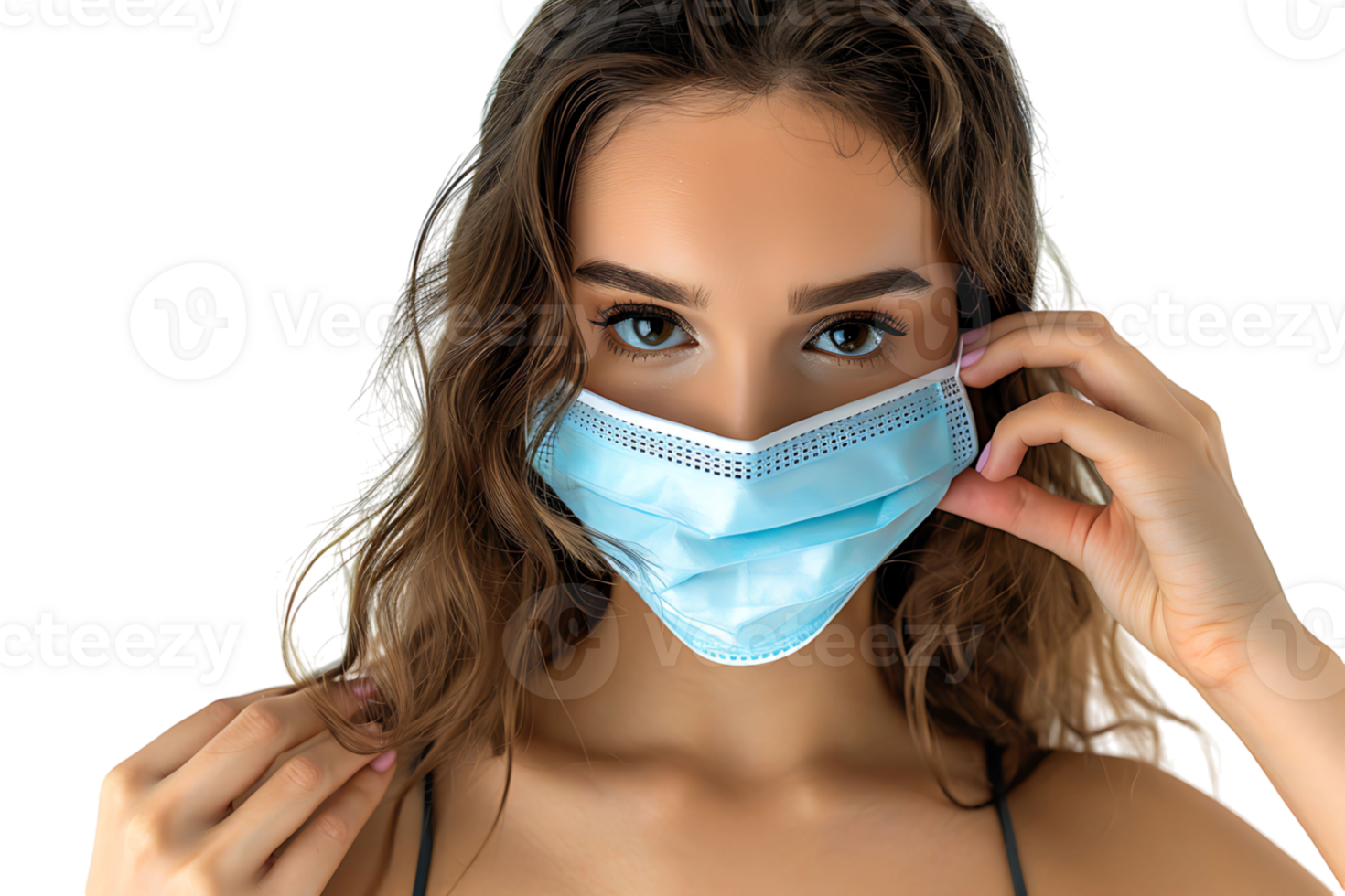 Brazilian woman wears protective mask against Covid on isolated transparent background png