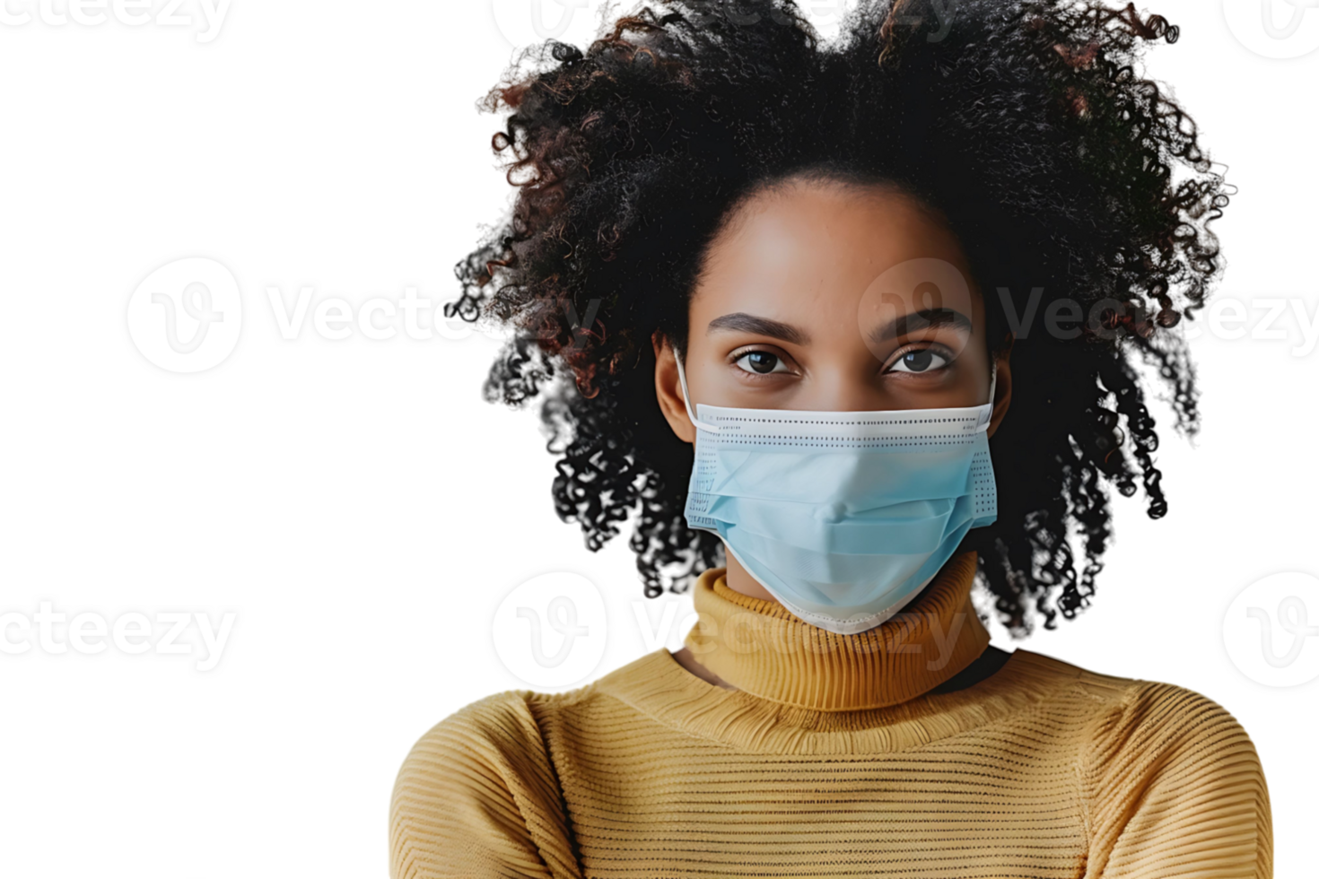 Brazilian woman wears protective mask against Covid on isolated transparent background png