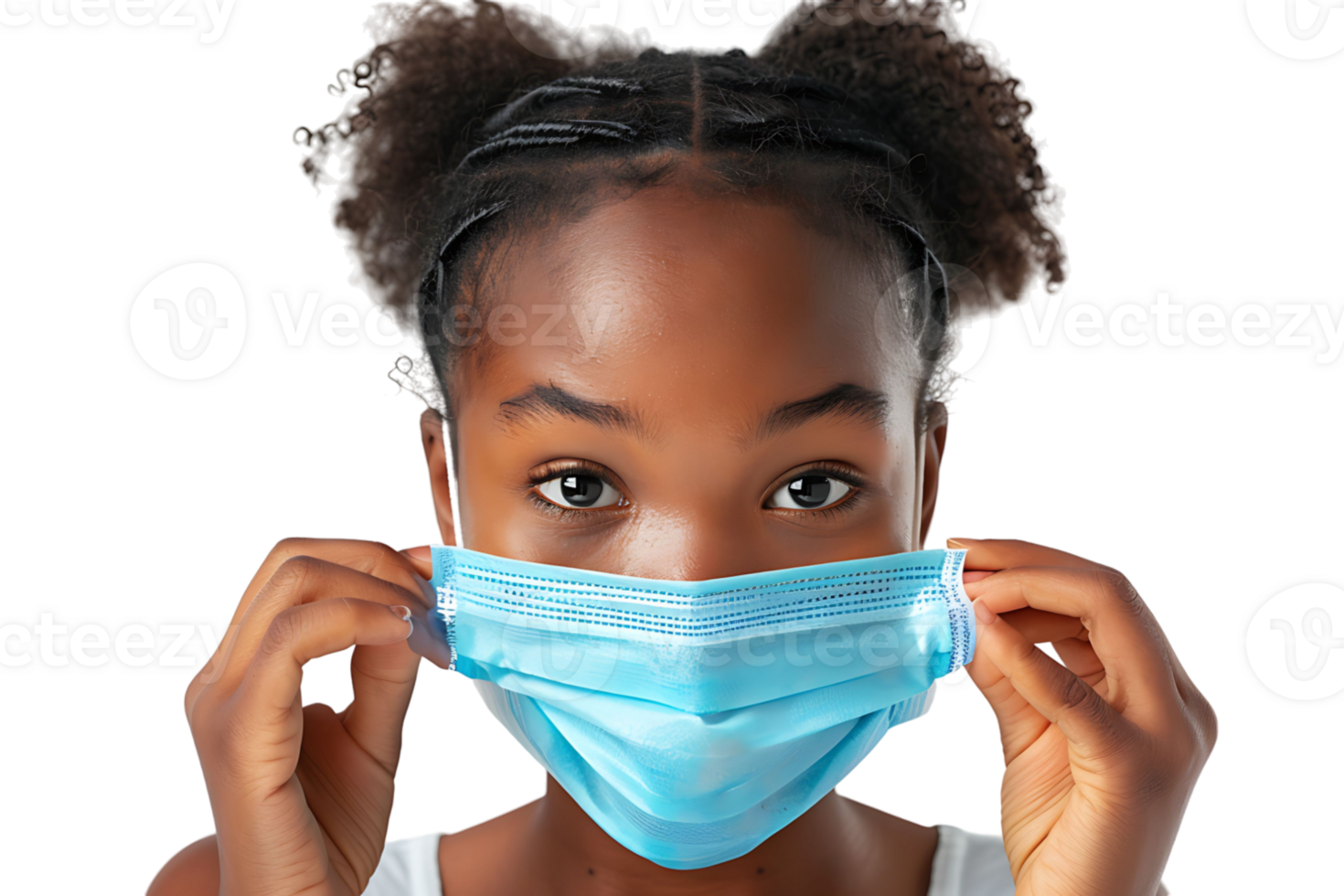 African school girl taking off face mask after the end of pandemic on isolated transparent background png