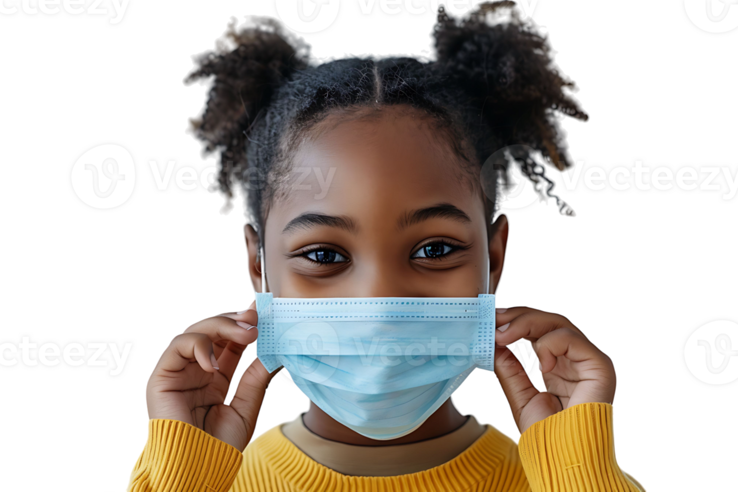 African school girl taking off face mask after the end of pandemic on isolated transparent background png