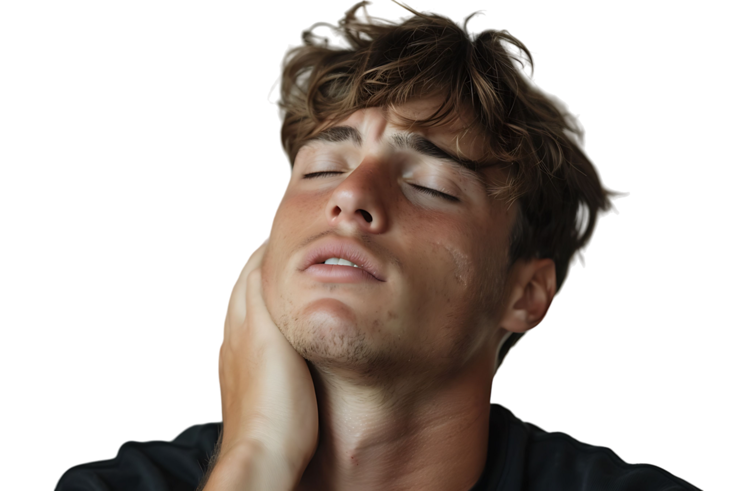 Man with painful expression rubs his neck on isolated transparent background png