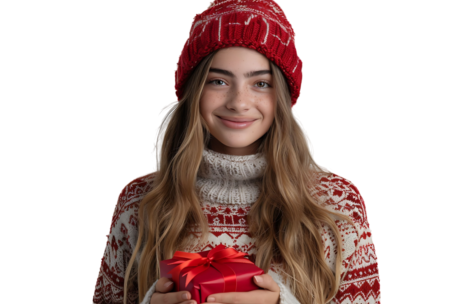 Happy young woman with Christmas gift on isolated transparent background png