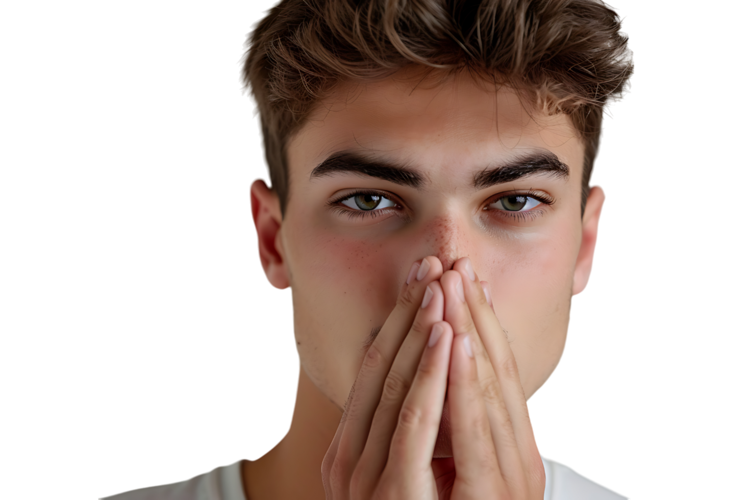 Close up portrait of young man holding his nose as if smelling something on isolated transparent background png