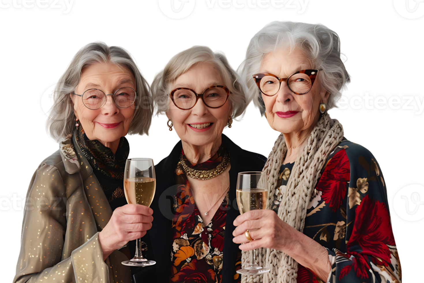 Stylish senior females standing together holding glasses of champagne on isolated transparent background png
