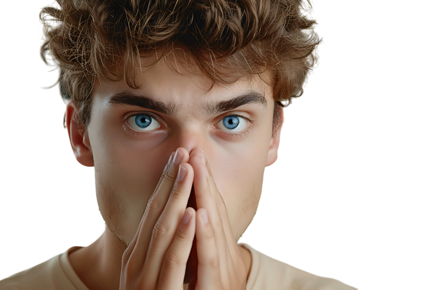 Close up portrait of young man holding his nose as if smelling something on isolated transparent background png