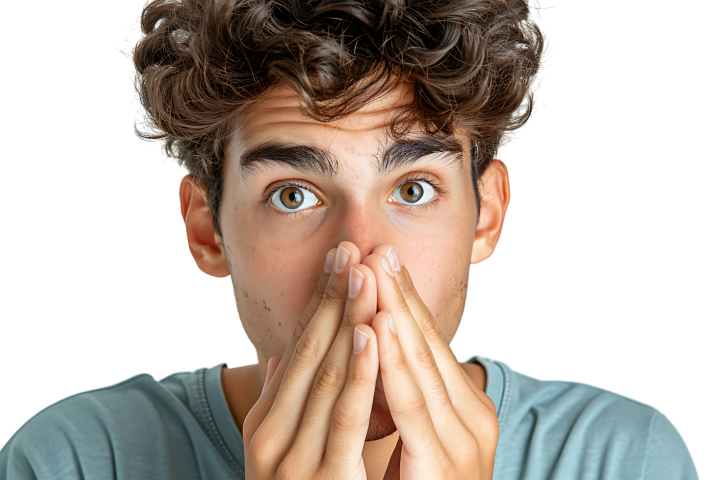 Close up portrait of young man holding his nose as if smelling something on isolated transparent background png