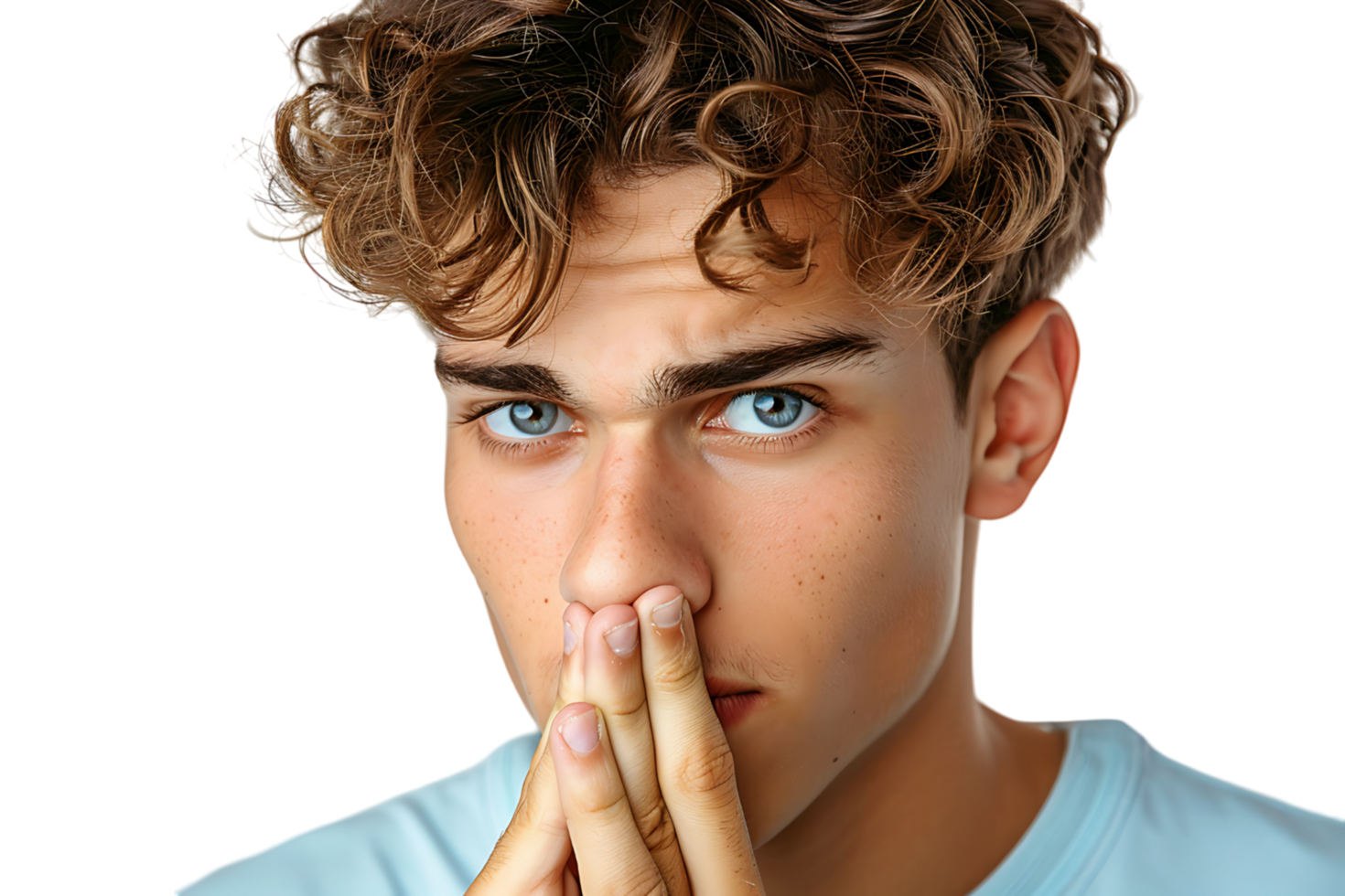 Close up portrait of young man holding his nose as if smelling something on isolated transparent background png