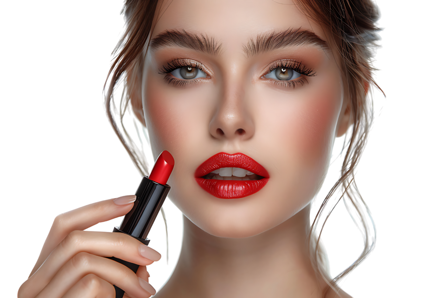 detailopname portret van elegant vrouw met rood lippen Holding lippenstift Aan geïsoleerd transparant achtergrond png