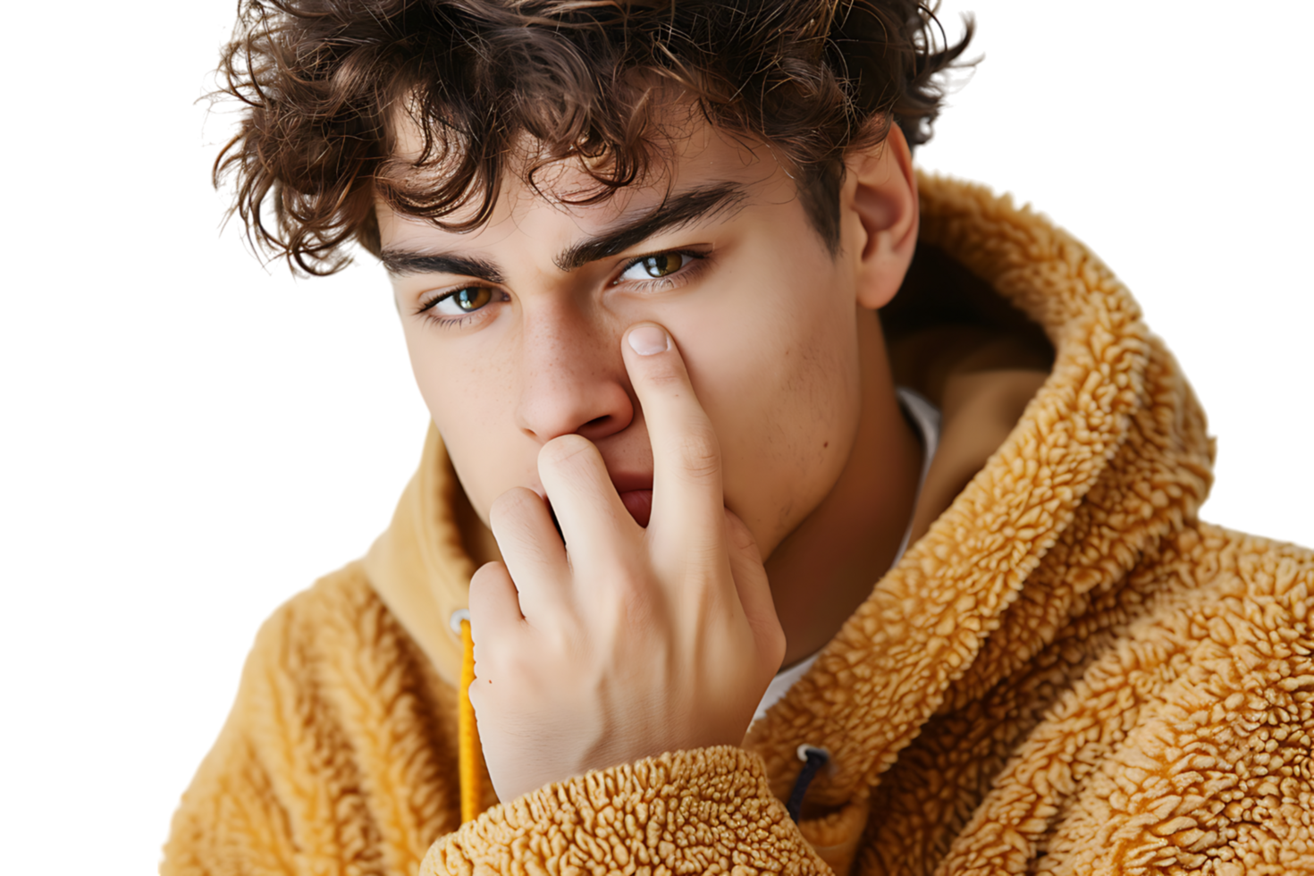 Close up portrait of young man holding his nose as if smelling something on isolated transparent background png