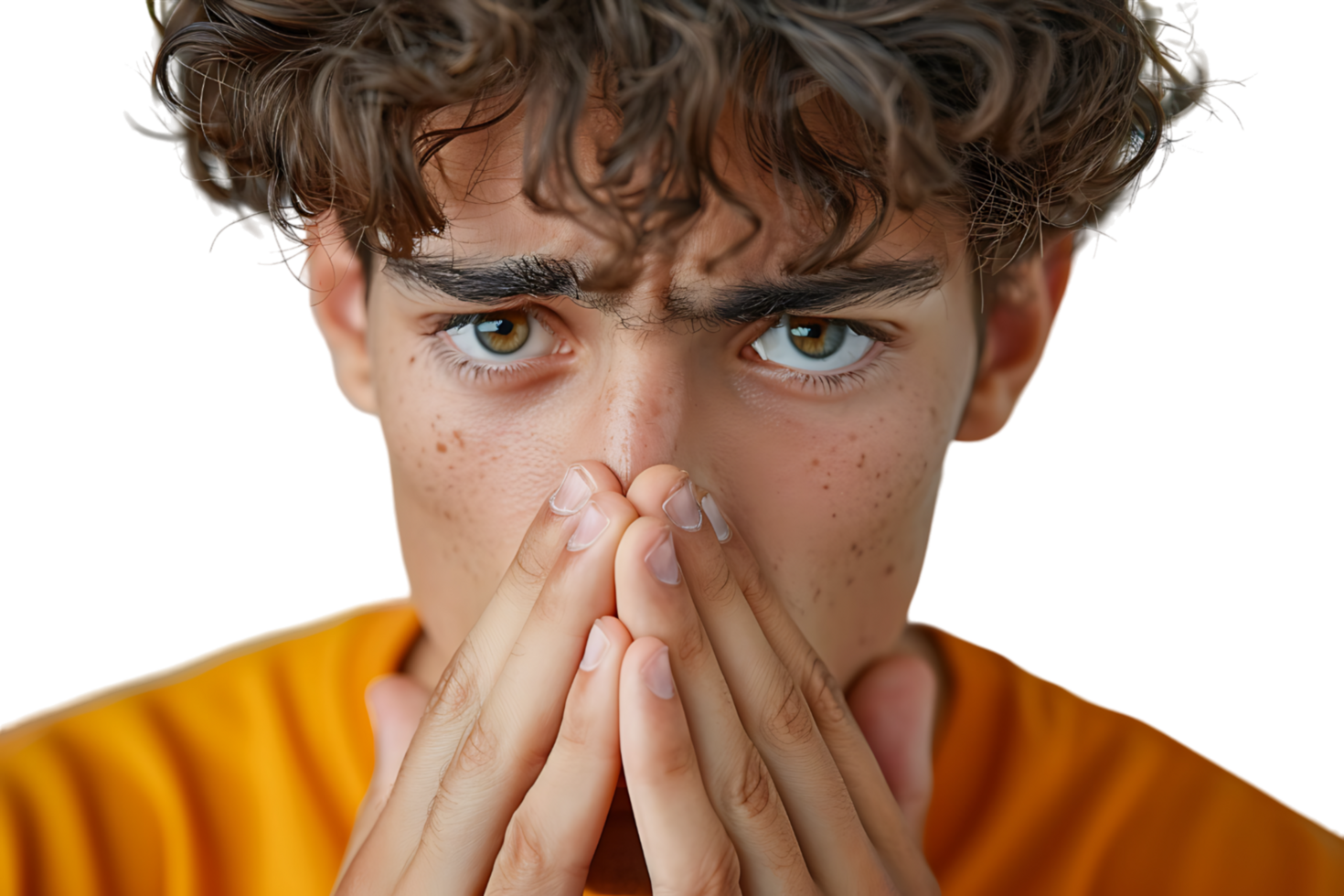 Close up portrait of young man holding his nose as if smelling something on isolated transparent background png
