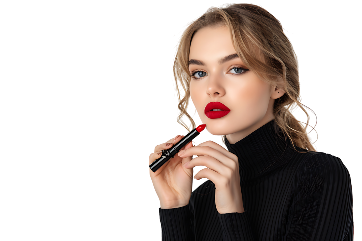 Close-up portrait of elegant woman with red lips holding lipstick on isolated transparent background png