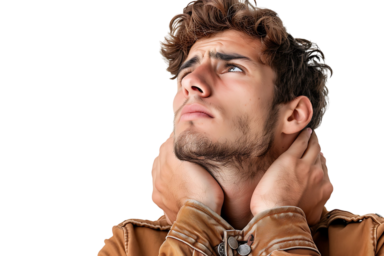 Man with painful expression rubs his neck on isolated transparent background png