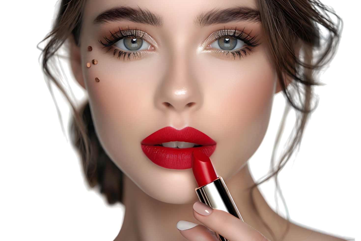 Close-up portrait of elegant woman with red lips holding lipstick on isolated transparent background png