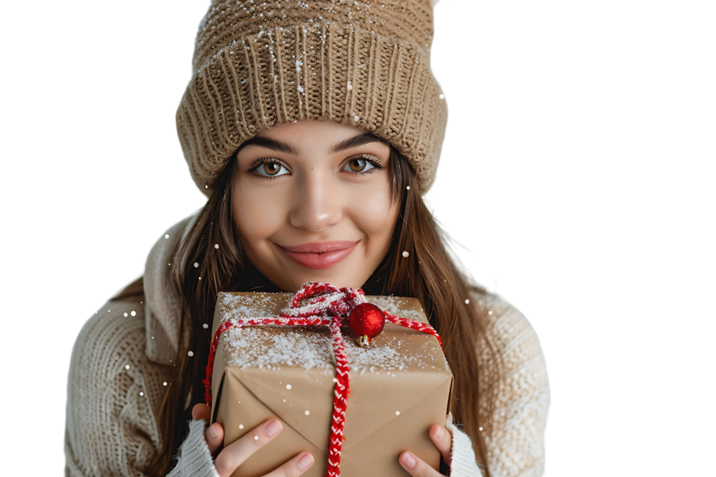 Happy young woman with Christmas gift on isolated transparent background png