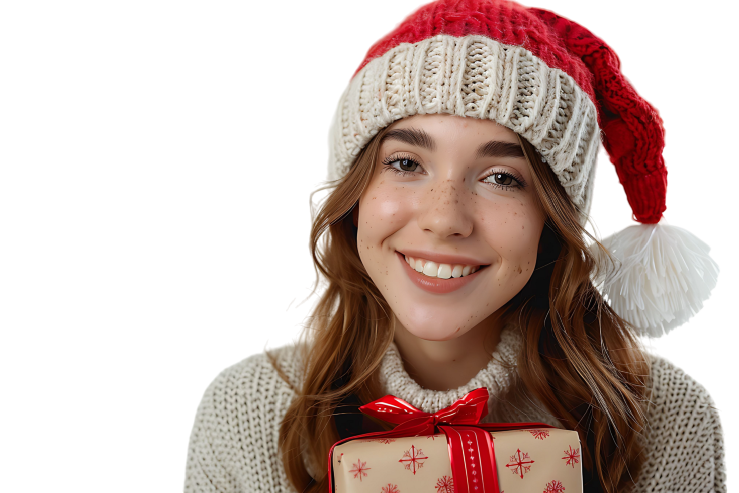 Happy young woman with Christmas gift on isolated transparent background png