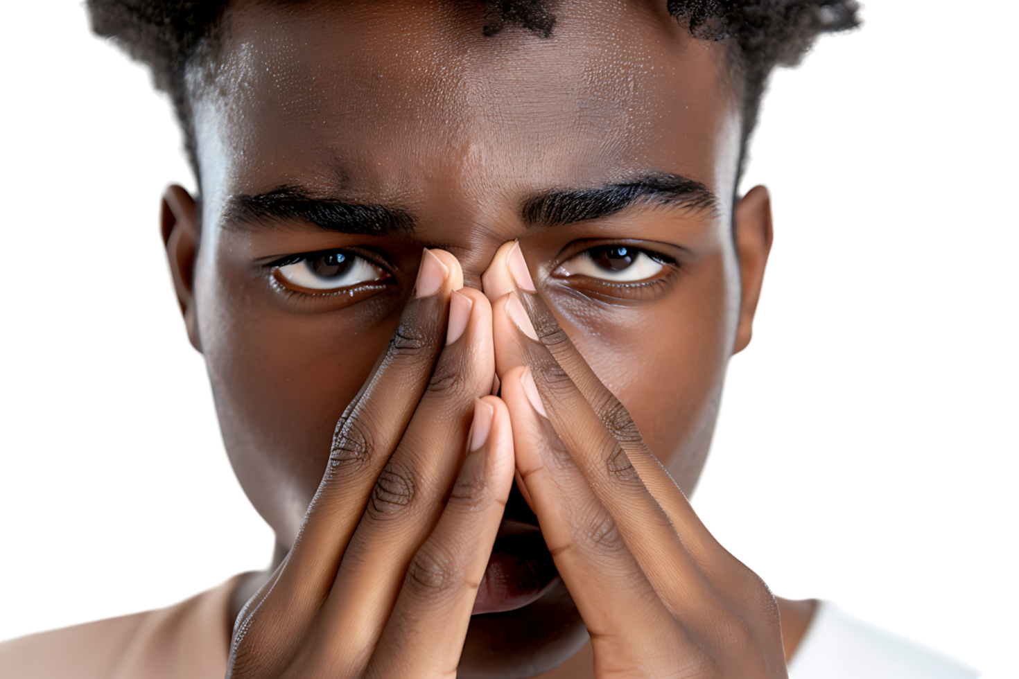 Close up portrait of young man holding his nose as if smelling something on isolated transparent background png