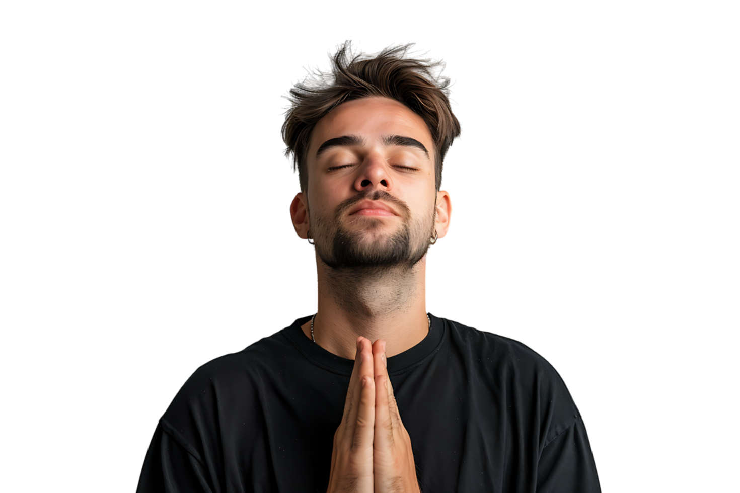 Serious man with closed eyes showing praying gesture on isolated transparent background png