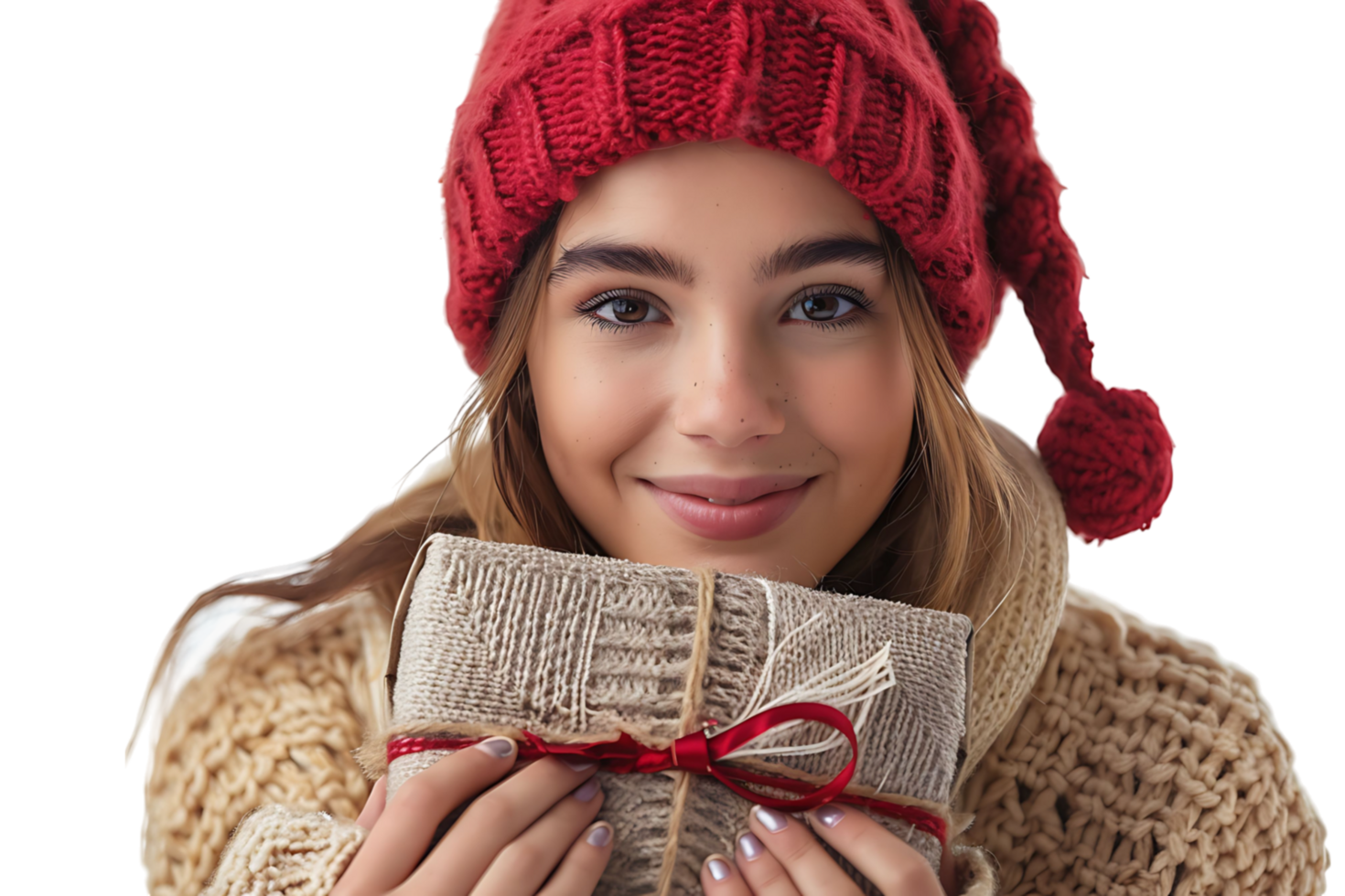 Happy young woman with Christmas gift on isolated transparent background png