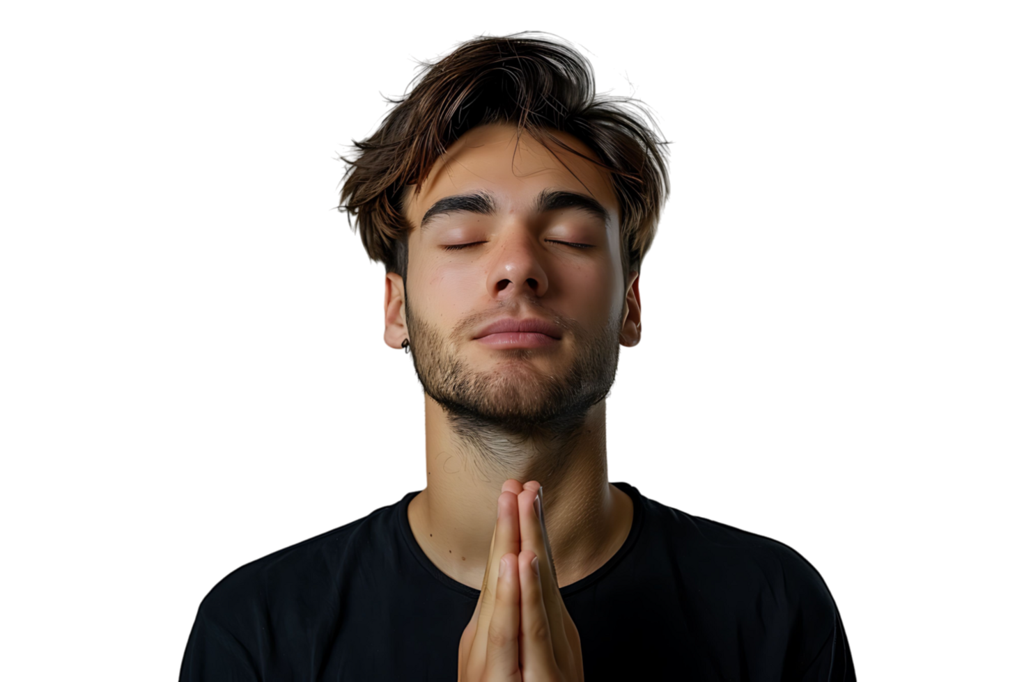 Serious man with closed eyes showing praying gesture on isolated transparent background png
