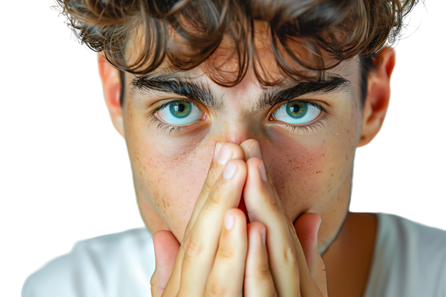 Close up portrait of young man holding his nose as if smelling something on isolated transparent background png