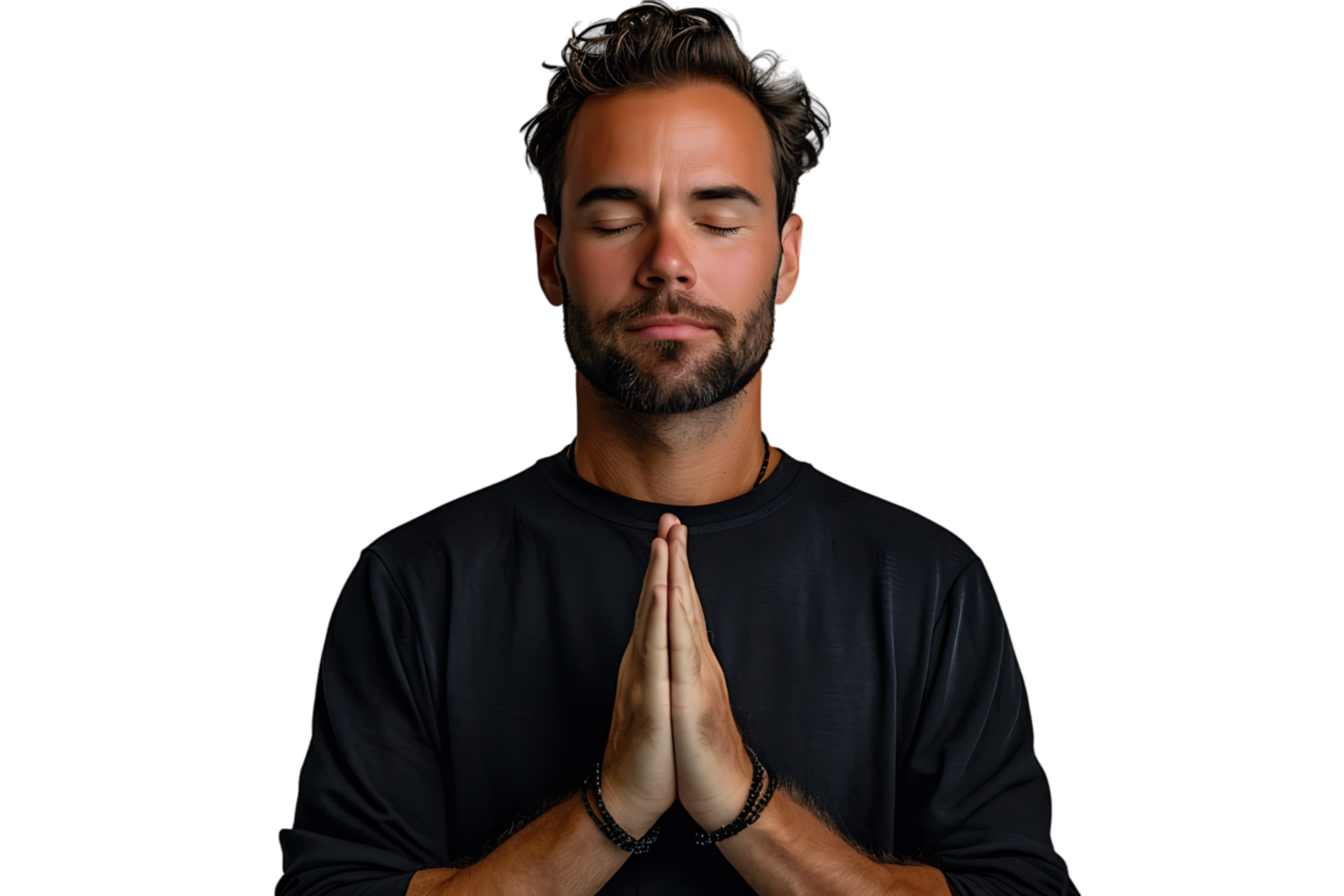 Serious man with closed eyes showing praying gesture on isolated transparent background png