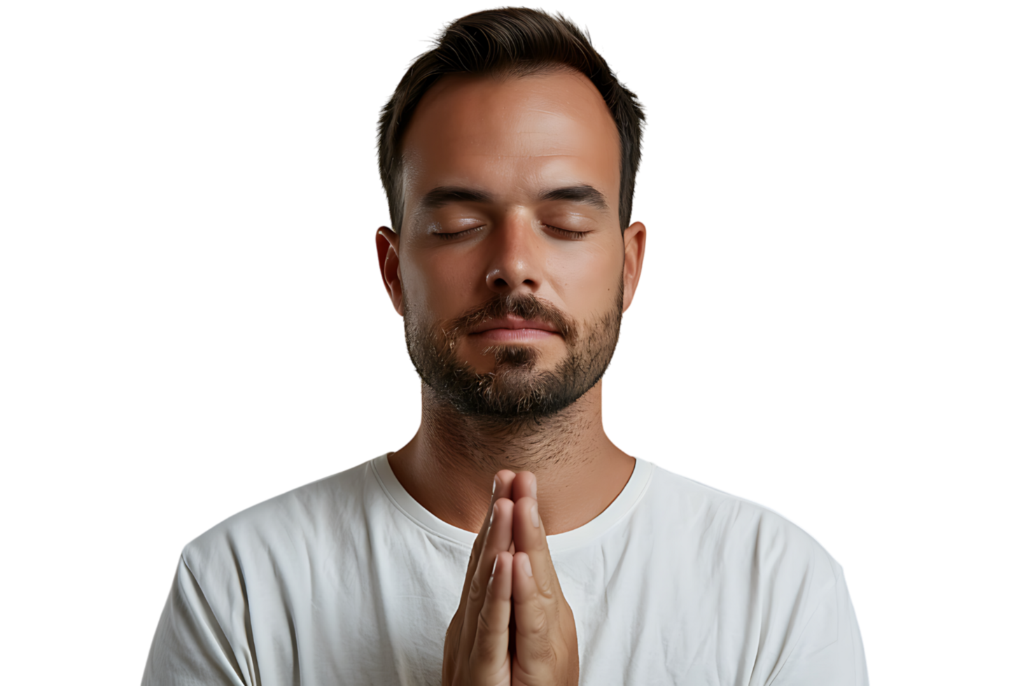 Serious man with closed eyes showing praying gesture on isolated transparent background png